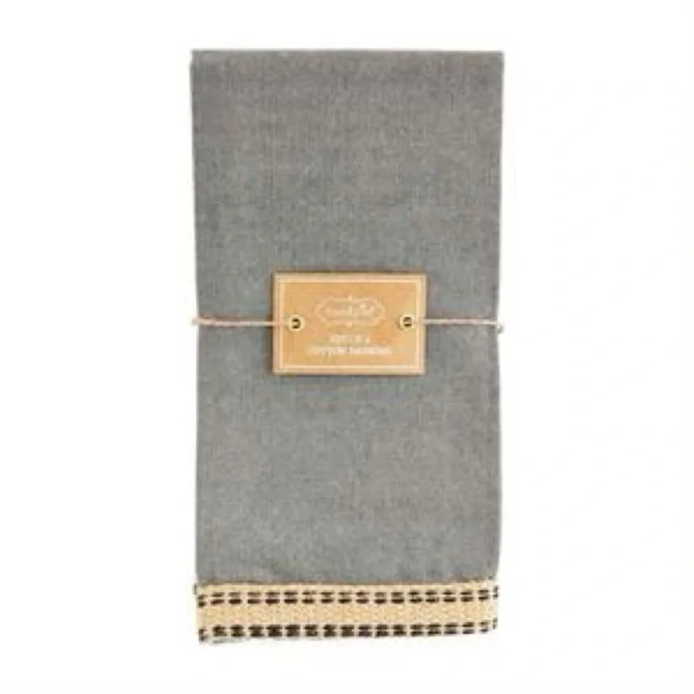 NWT Mud Pie Gray Jute Edge Printed Napkin with Tan Trim Set of 4